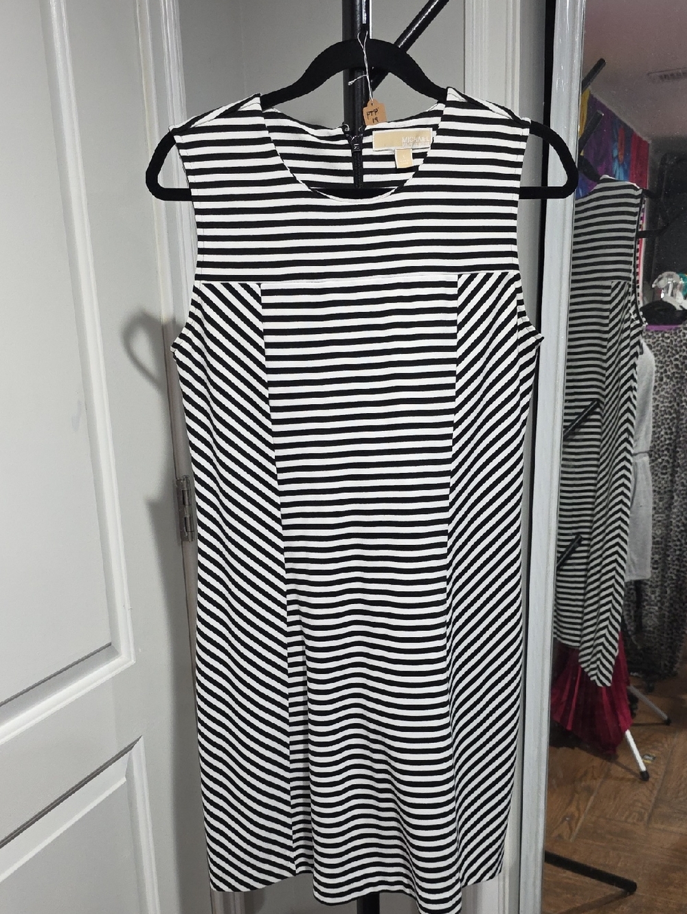 Michael Kors Black and White Striped Sleeveless Shift Dress